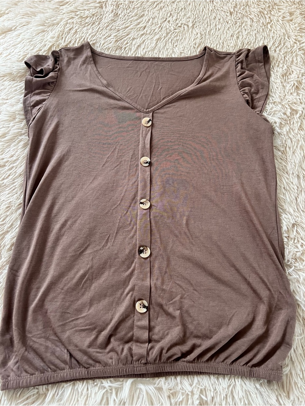 Sleeveless Brown Button-Front Ruffle Cap-Sleeve Top
